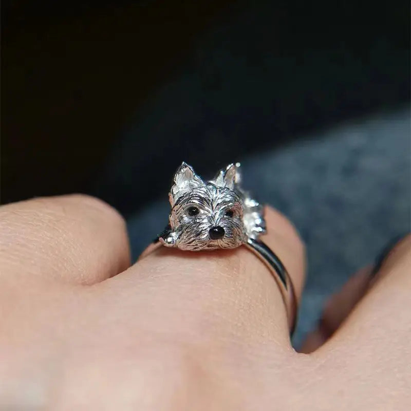 Zilveren verstelbare ring met terrierhondje