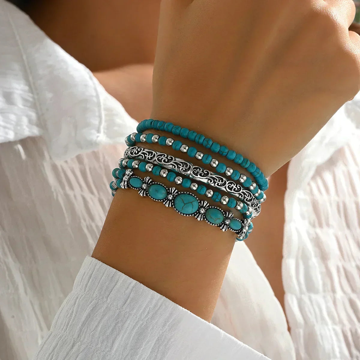Bohemian zilveren armbandenset met turquoise