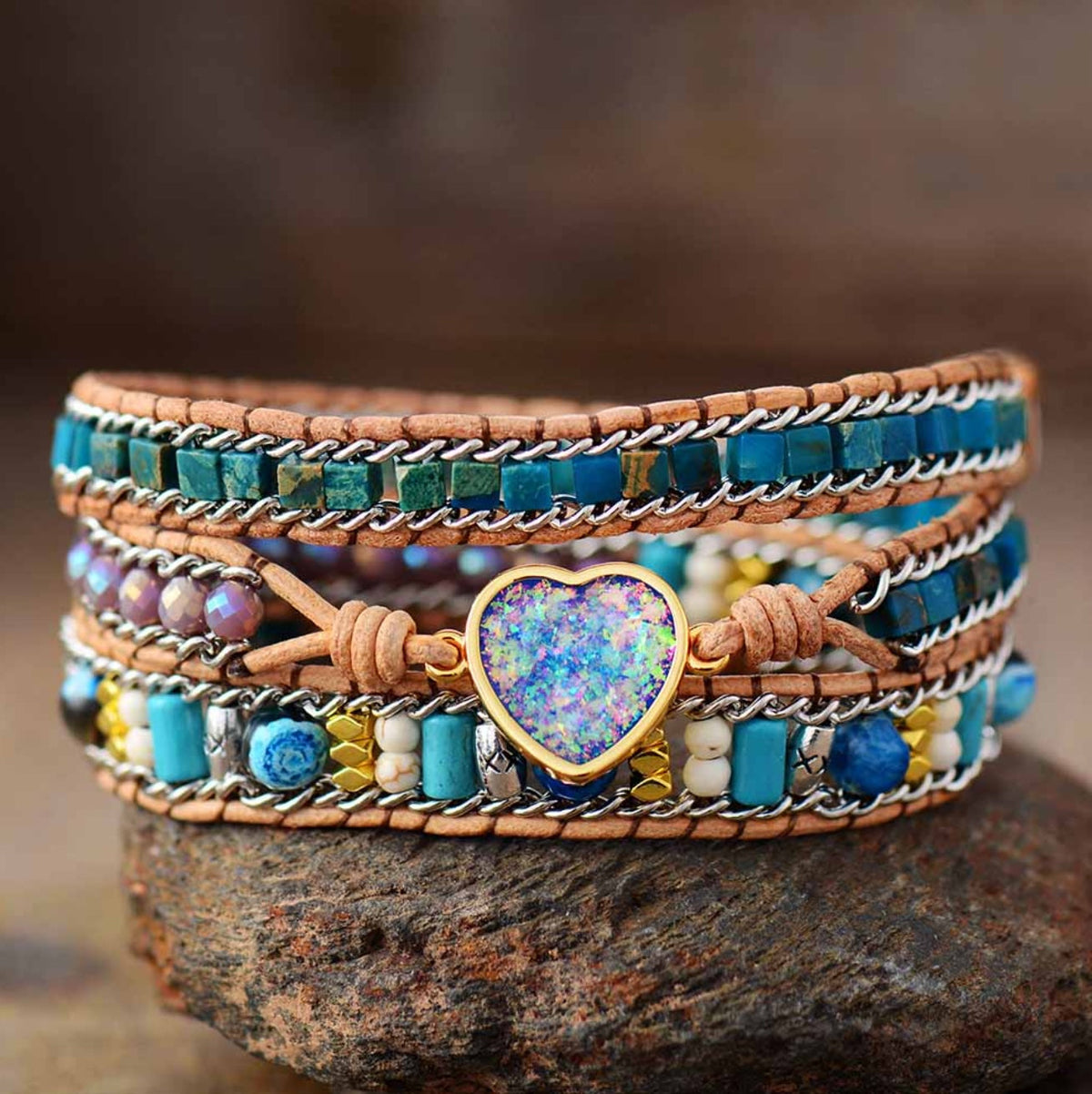 Boho leren wikkelarmband met jaspis en opaal hart
