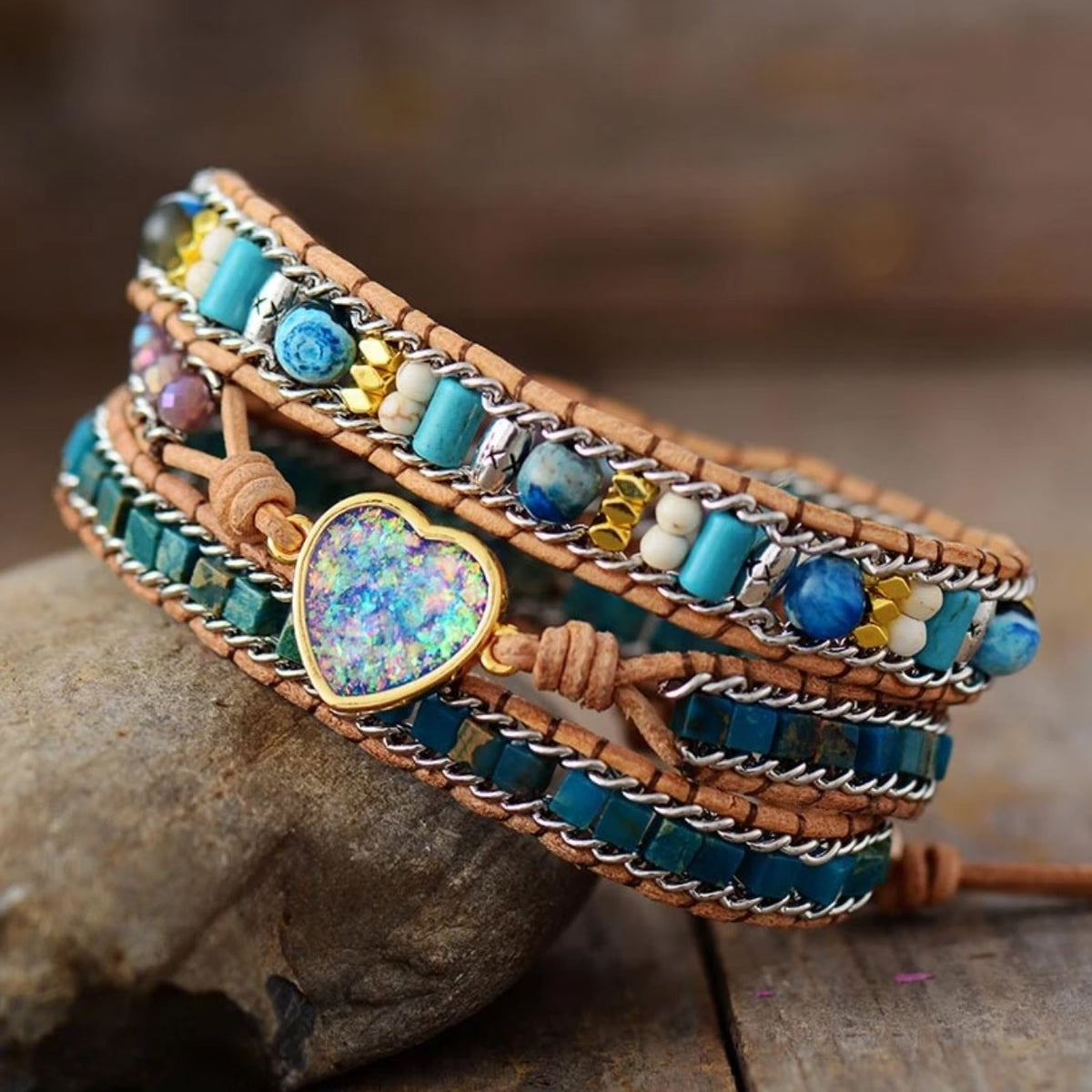 Boho leren wikkelarmband met jaspis en opaal hart