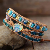 Boho leren wikkelarmband met jaspis en opaal hart
