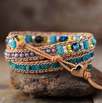 Boho leren wikkelarmband met jaspis en opaal hart