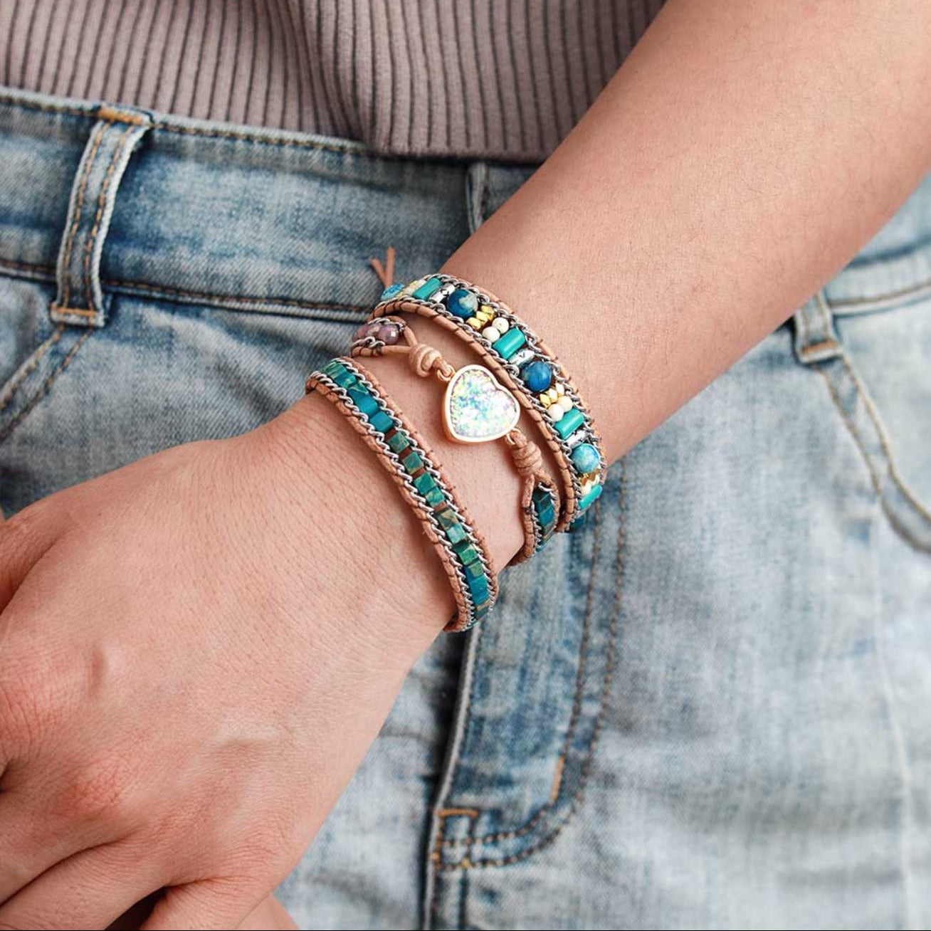 Boho leren wikkelarmband met jaspis en opaal hart
