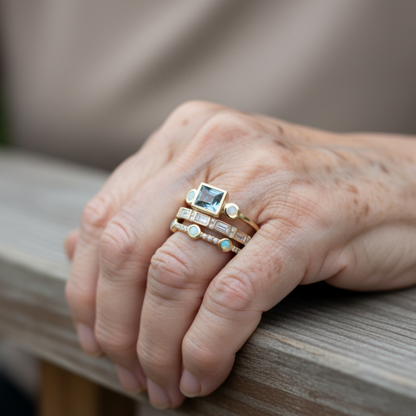 Gouden ringenset met blauwe steen en opaal