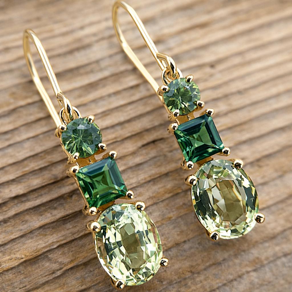 Gouden oorbellen met groene en gele edelstenen