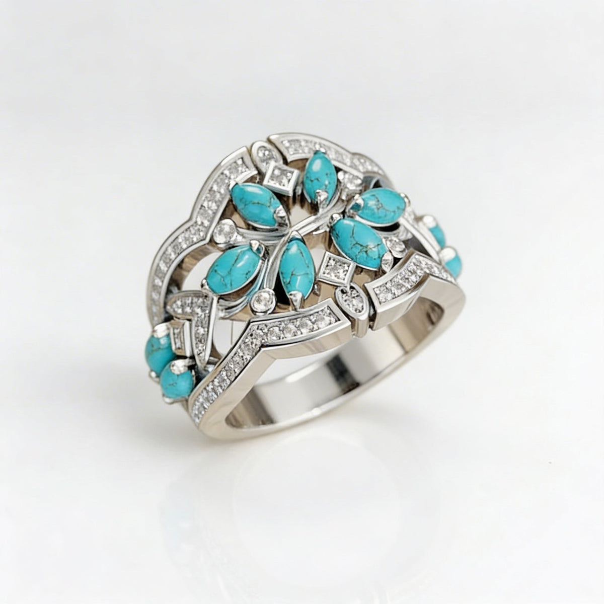 Zilveren brede ring met marquise turkoois en zirkonia
