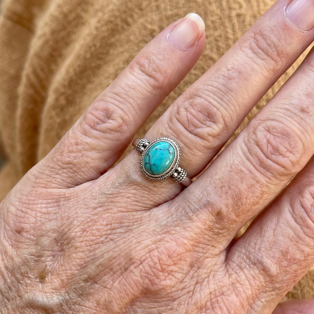 Zilveren vintage ring met ovale turquoise