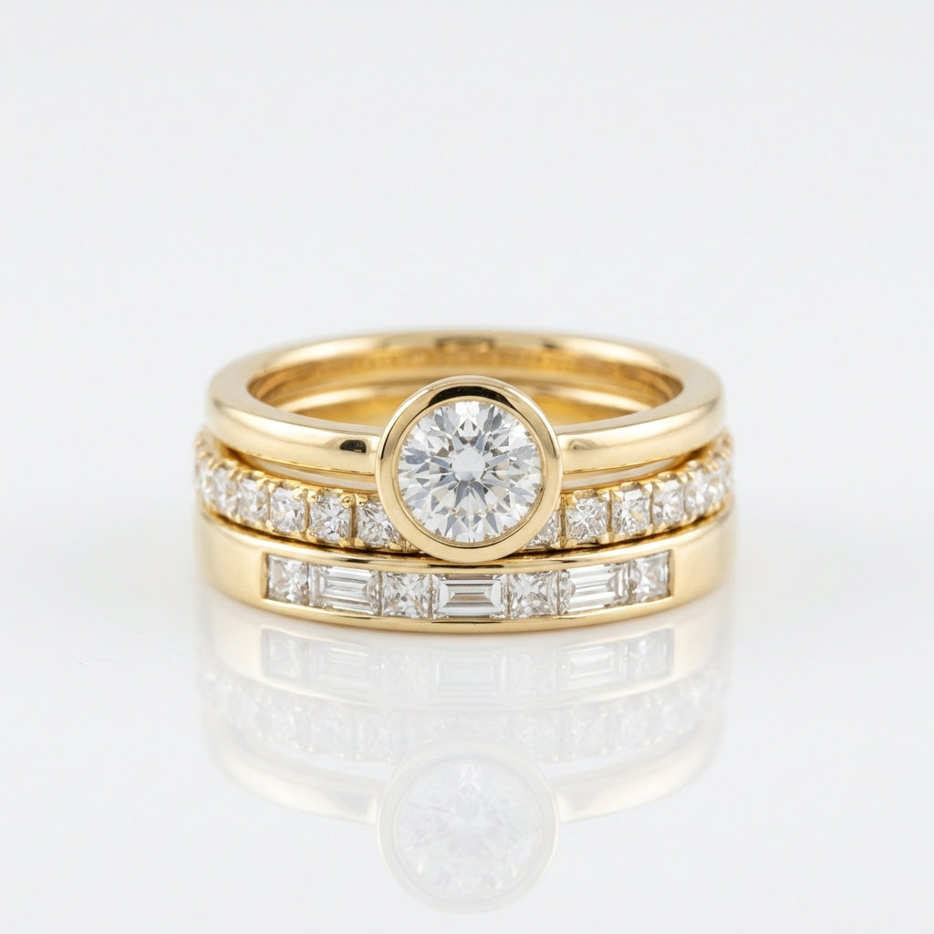 Gouden ringenset met solitair en baguette zirkonia