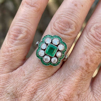 Vintage ring met smaragd en zirkonia bloemkrans