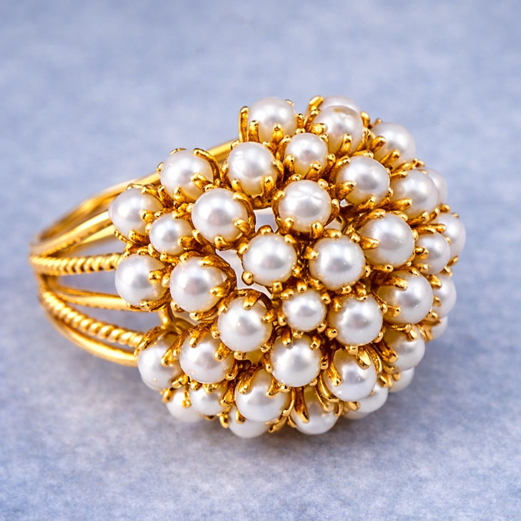 Vintage gouden ring met cluster van witte parels