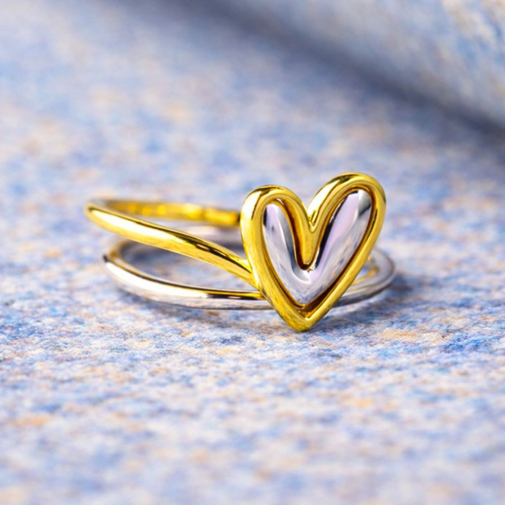 Tweekleurige gouden en zilveren ring met hart