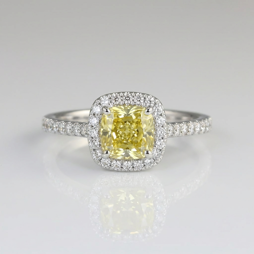 Zilveren ring met gele edelsteen en halo