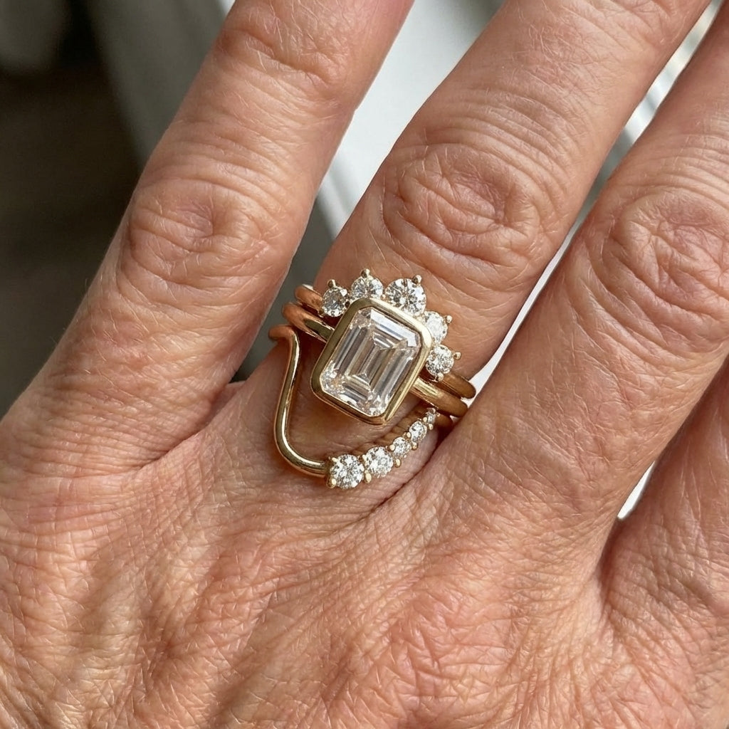 Gouden ringenset met emerald-geslepen zirkonia