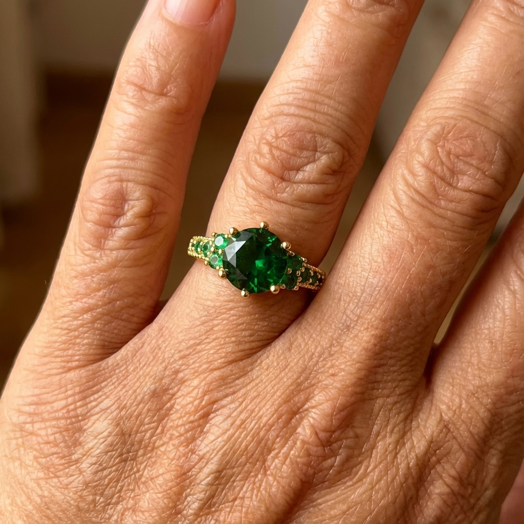 Gouden ring met ronde groene edelsteen