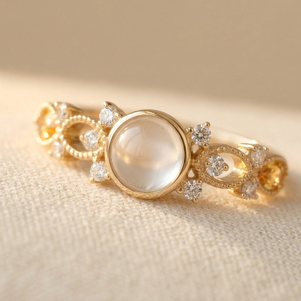 Gouden vintage ring met maansteen en diamantjes