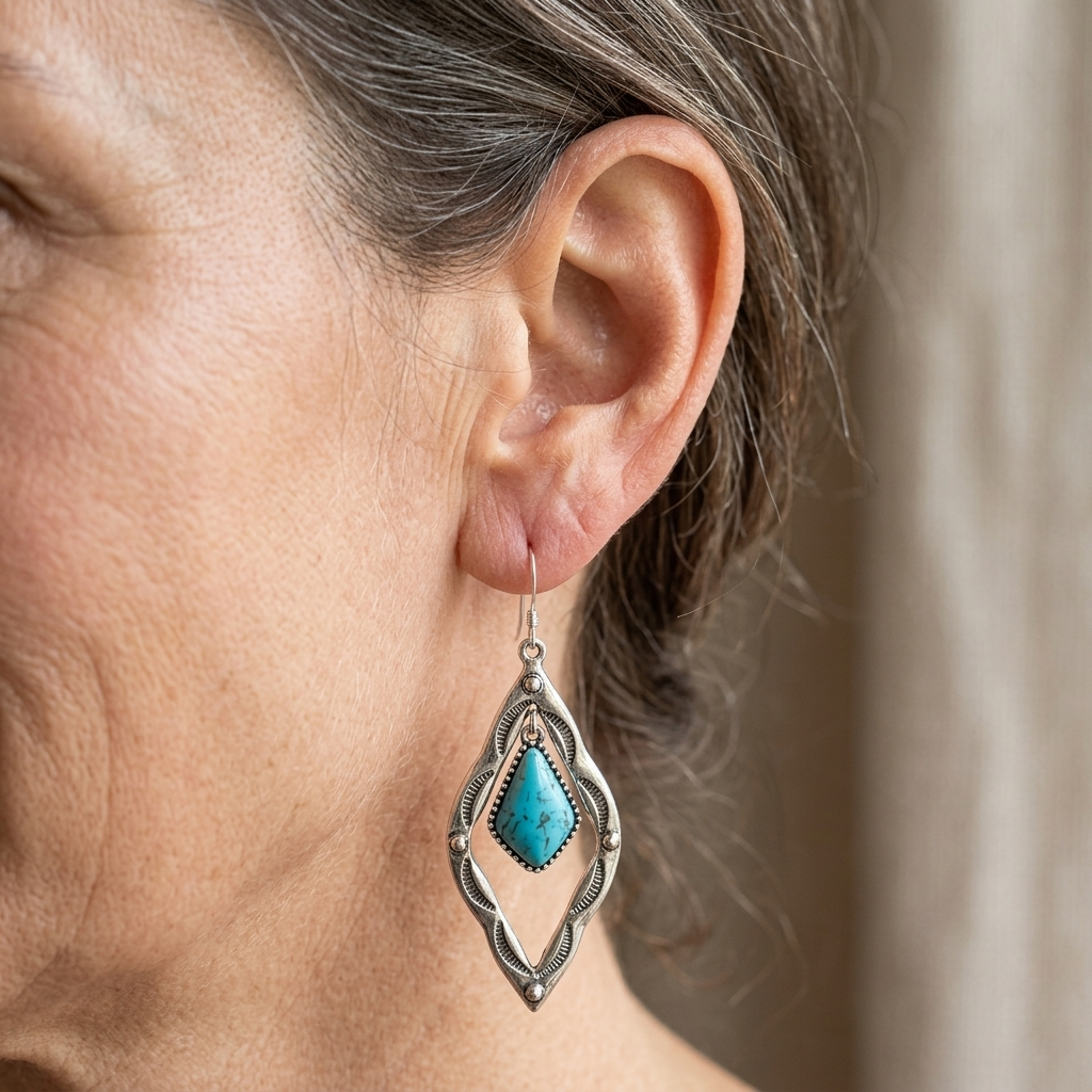 Zilveren bohemian oorbellen met turquoise ruit