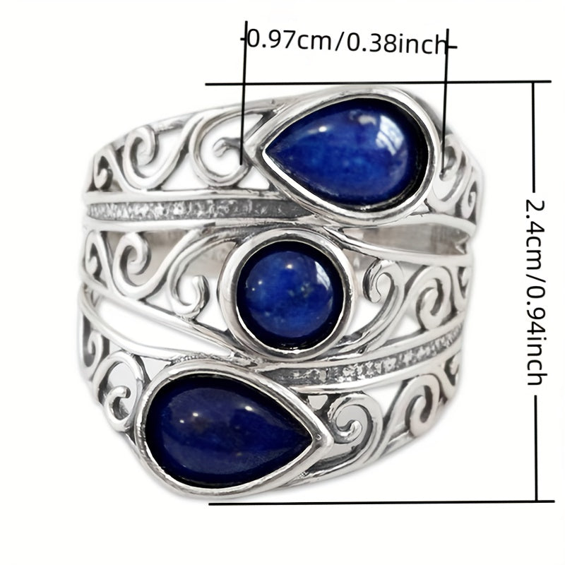 Zilveren brede ring met blauwe lapis druppelstenen