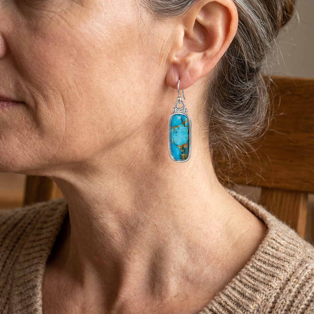 Zilveren oorbellen met rechthoekige turquoise steen