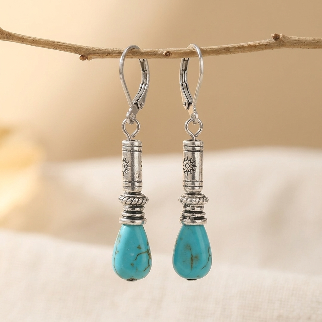 Zilveren vintage oorbellen met turquoise druppel