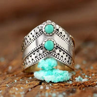 Zilveren bohemian ring met dubbele turquoise steen
