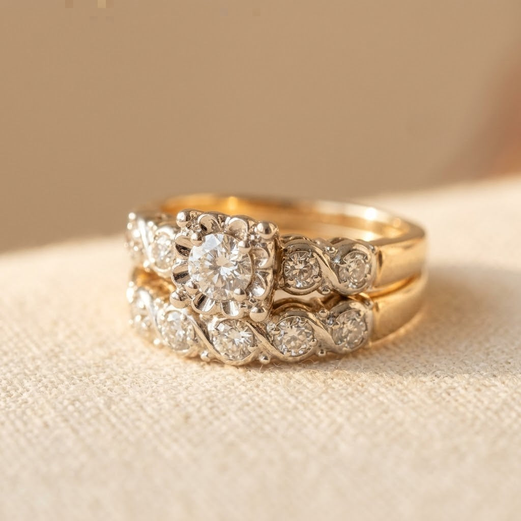 Vintage gouden bruidsringenset met zirkonia