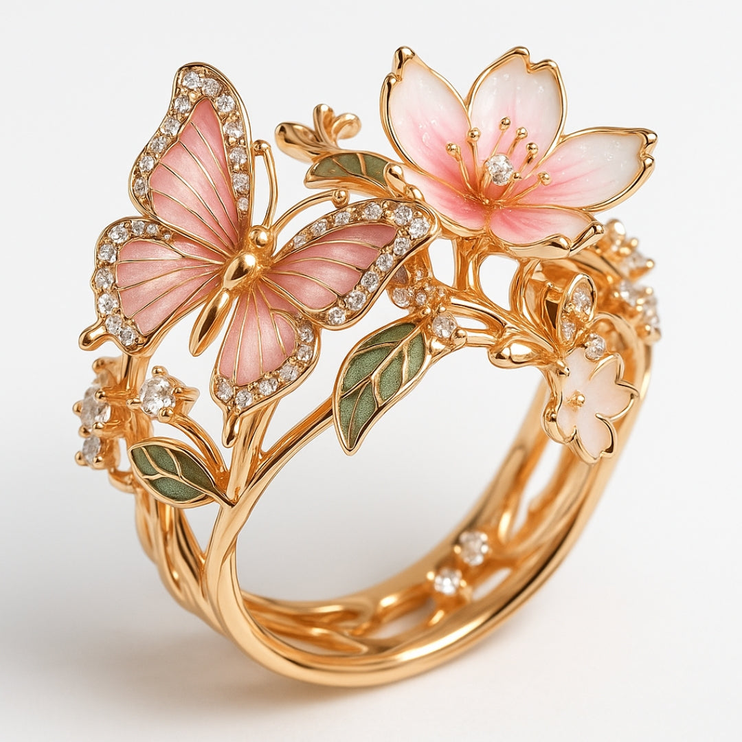 Roségouden ring met roze vlinder en bloemen