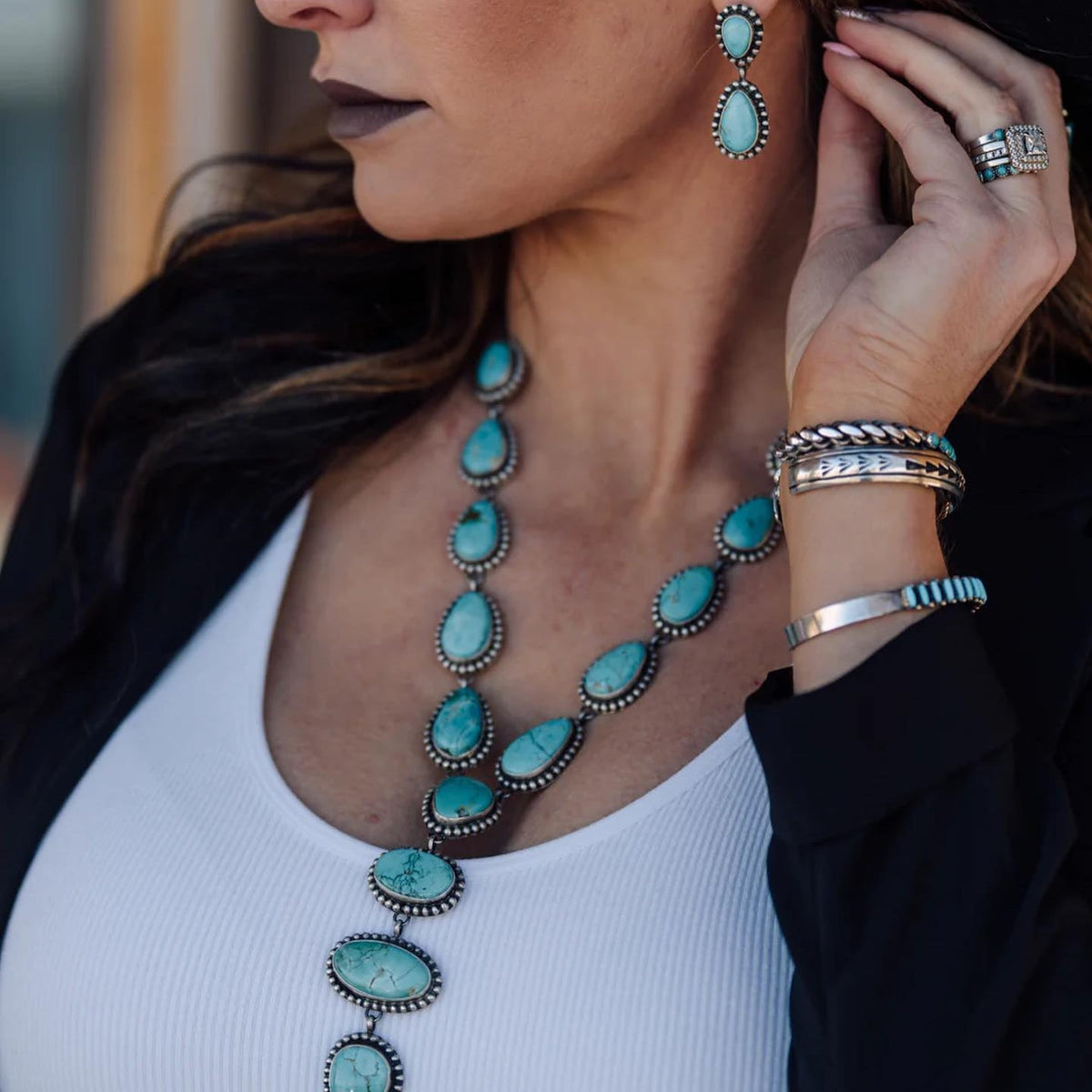 Zilveren turquoise sieradenset met ketting en oorbellen