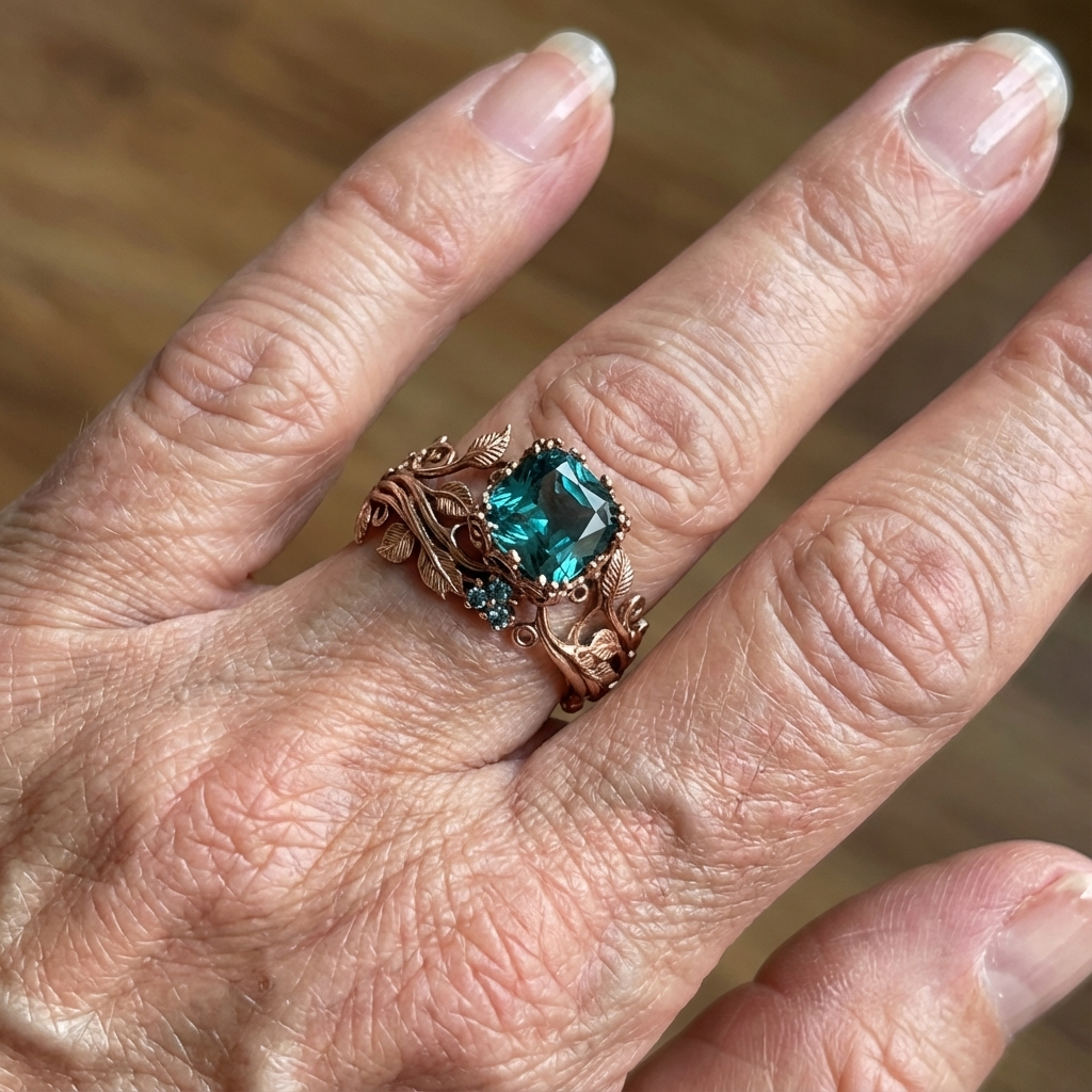 Roségouden vintage ring met groene edelsteen en bladmotief