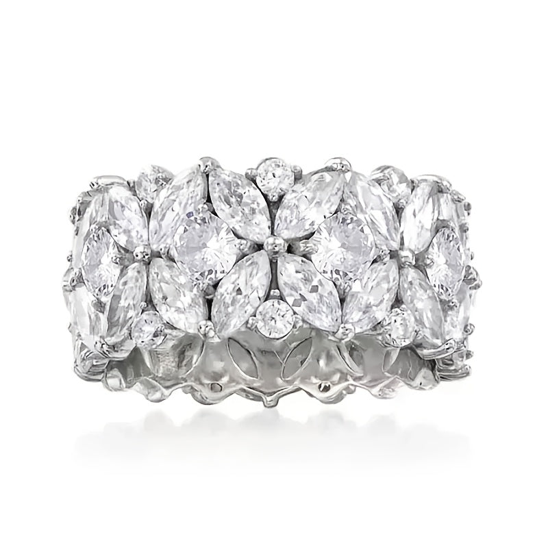 Zilveren brede ring met marquise zirkonia bloemtros