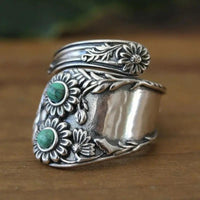 Zilveren vintage lepelring met turquoise zonnebloemen