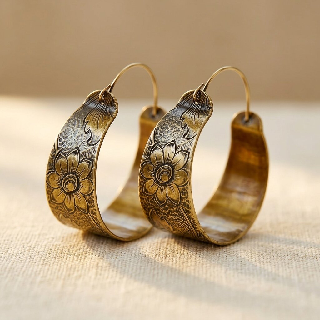 Boho Chic Vintage Floral Engraved Alloy Hoop Earrings flat lay
