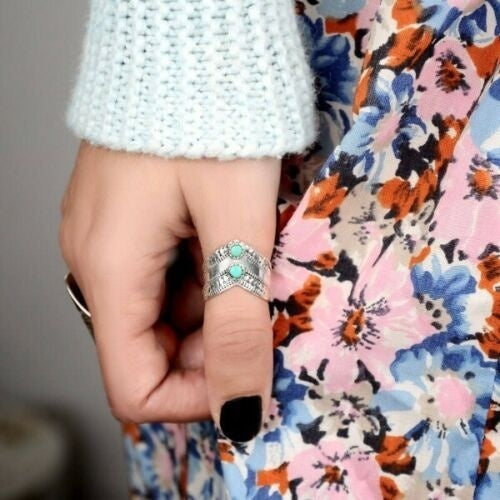 Zilveren bohemian ring met dubbele turquoise steen
