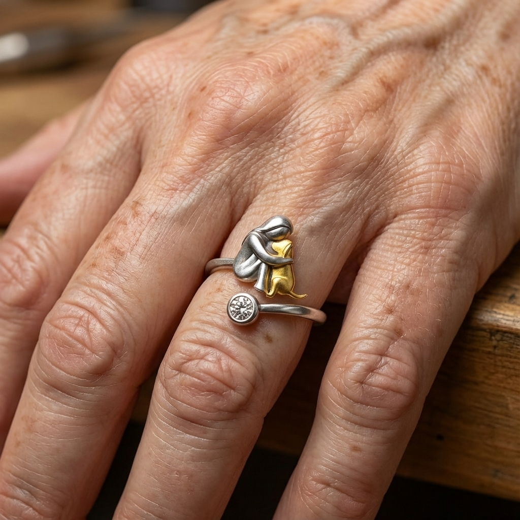 Verstelbare zilveren en gouden ring met knuffelend duo