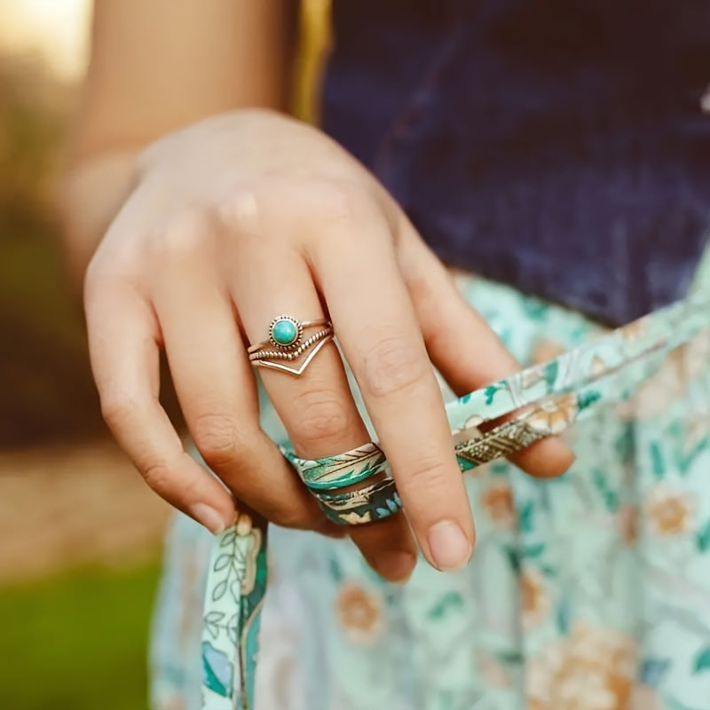 Zilveren bohemian ring met ronde turquoise
