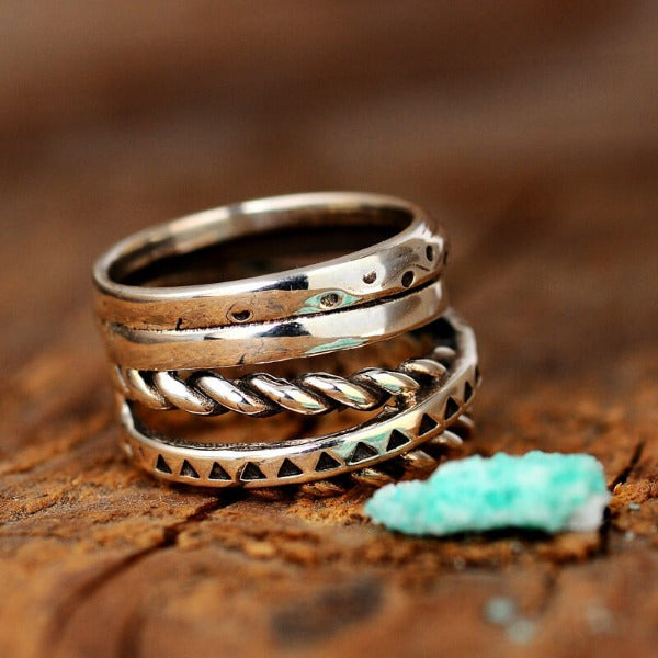 Zilveren brede bandring met Azteeks bohemian motief