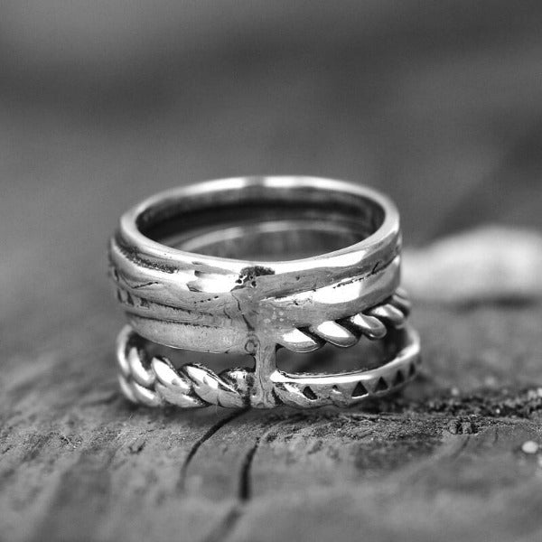 Zilveren brede bandring met Azteeks bohemian motief
