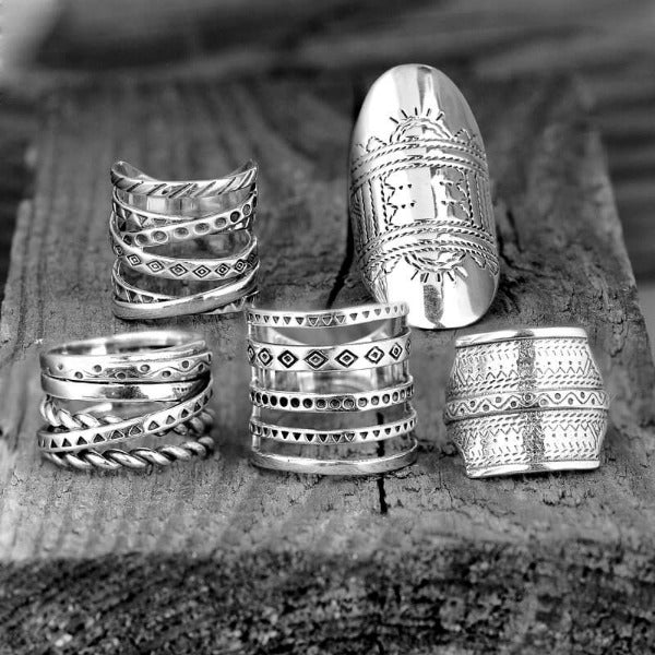 Zilveren brede bandring met Azteeks bohemian motief