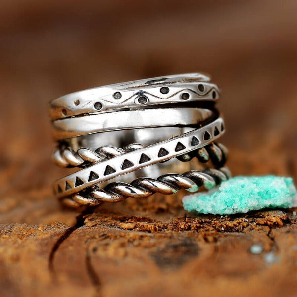 Zilveren brede bandring met Azteeks bohemian motief