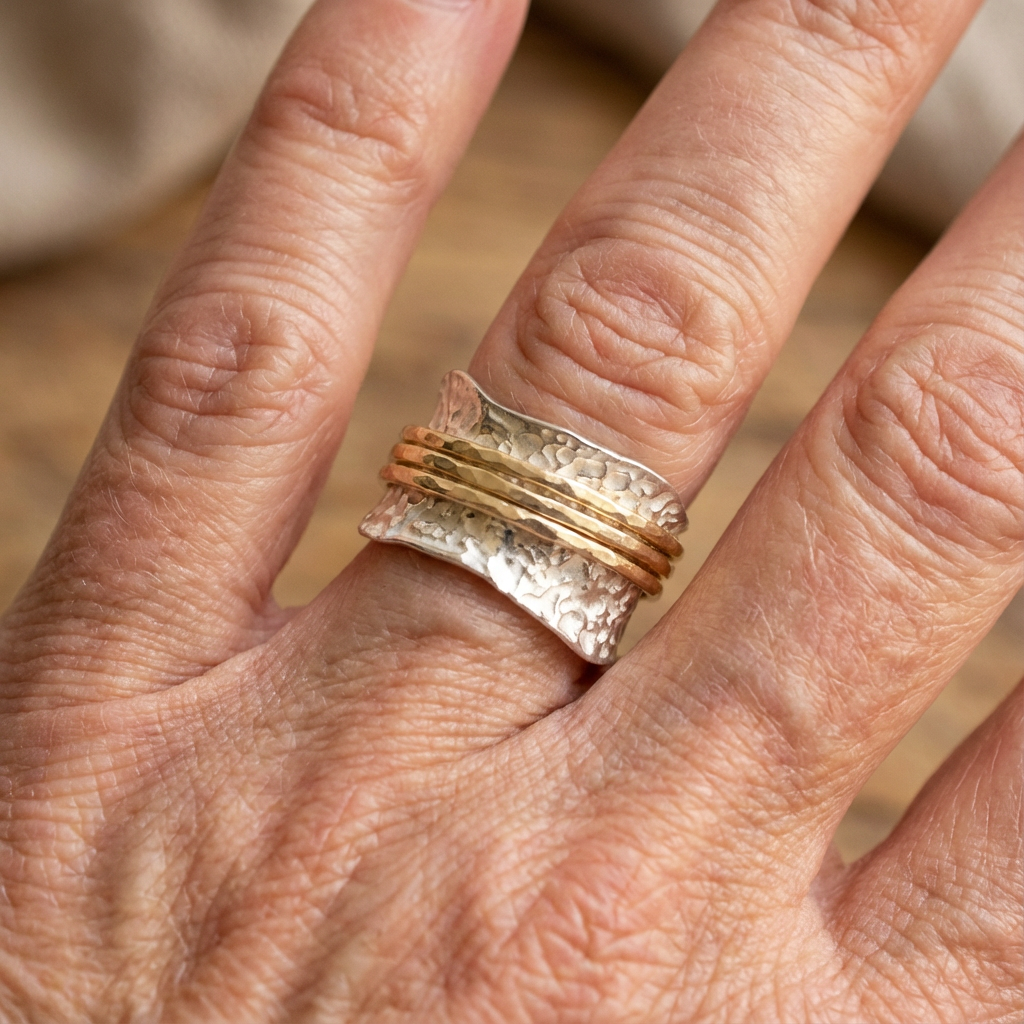 Zilveren brede spinner ring met gouden banden