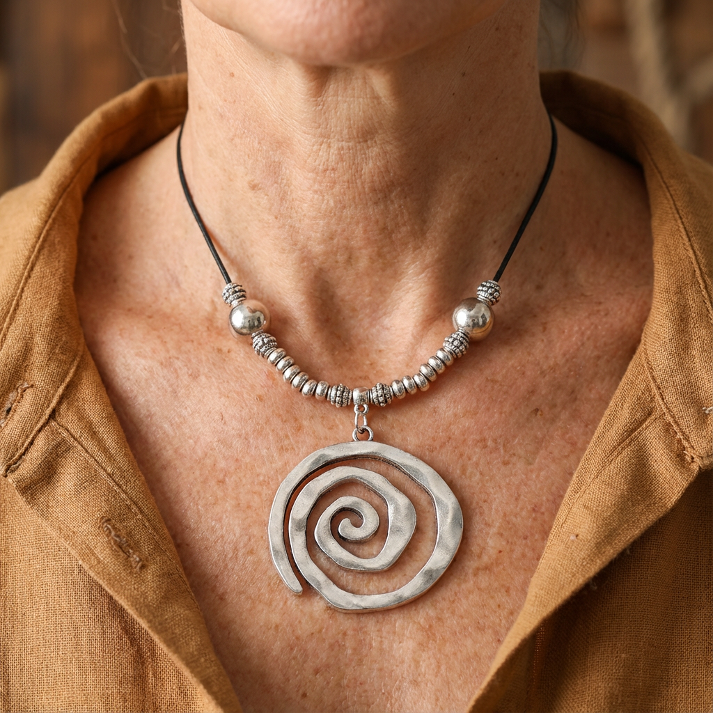 Zilveren bohemian spiraal set met ketting en oorbellen