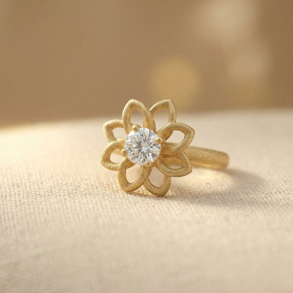 Gouden ring met bloemmotief en witte edelsteen