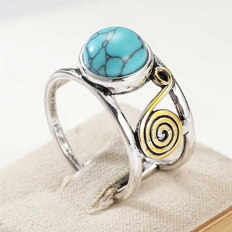Tweekleurige bohemian ring met ronde turkooizen steen