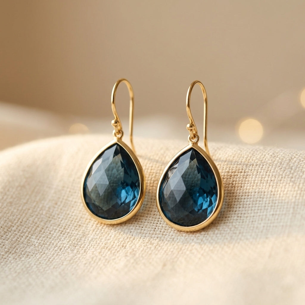 Gouden hangoorbellen met blauwe druppel-edelsteen