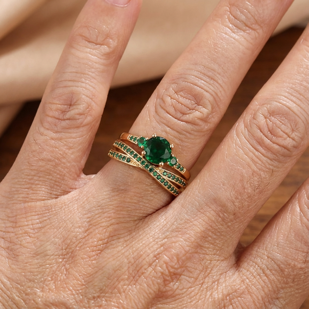 Gouden ringenset met groene edelstenen