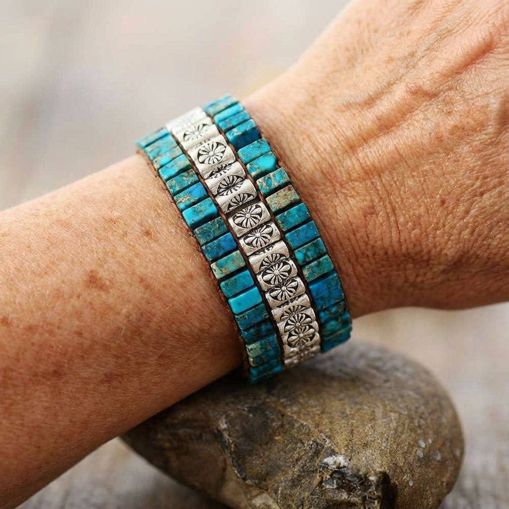 Boho leren armband met turquoise tegels en bloemband