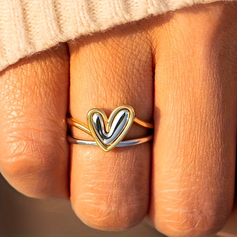 Tweekleurige gouden en zilveren ring met hart