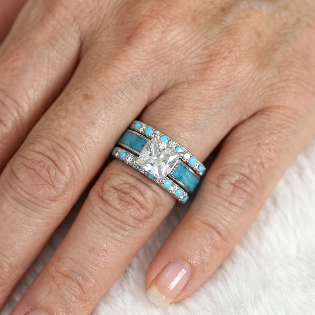 Zilveren ringenset met turquoise en vierkante zirkonia
