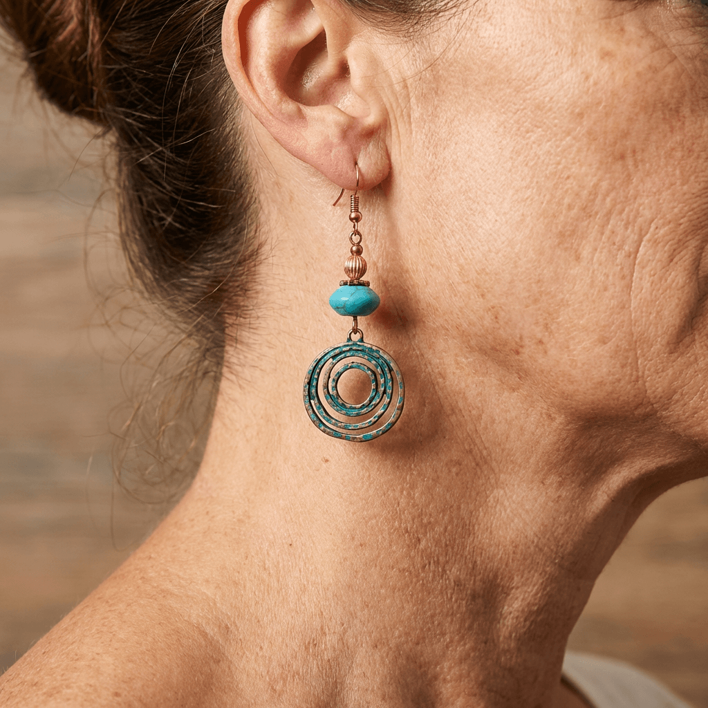 Bohemian oorbellen met roségoud spiraal en turquoise