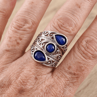Zilveren brede ring met blauwe lapis druppelstenen