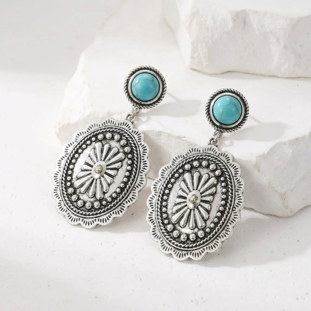 Western zilveren concho oorbellen met turquoise